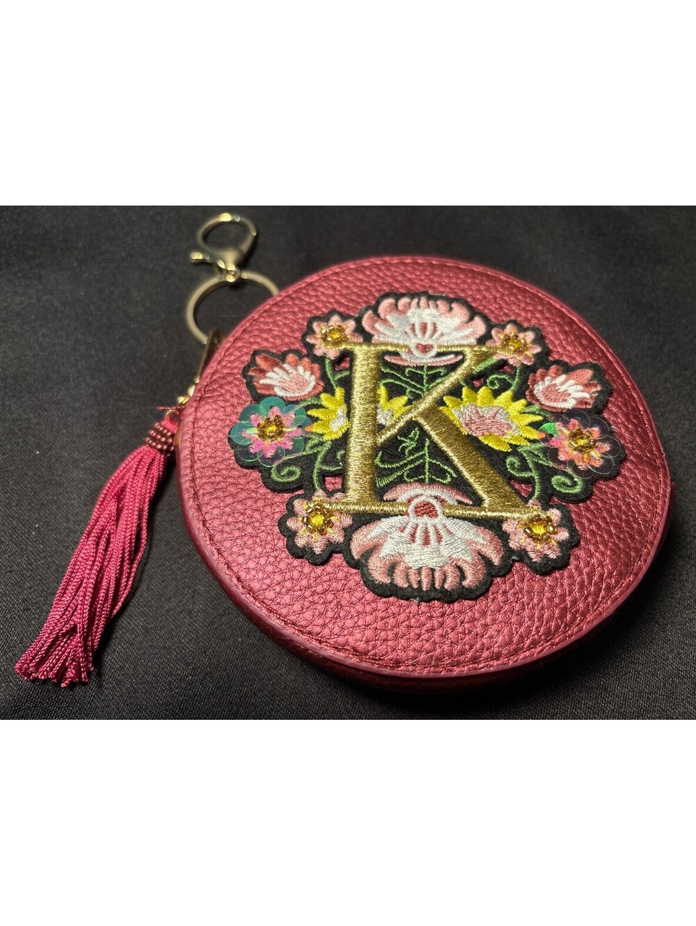 Time & Tru A Embroidered Letter K Initialed Flower Pouch Key Ring Maroon Purple